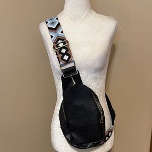 Black and Blue Crossbody Bag with Geometric Strap